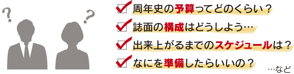 周年史の予算ってどのくらい？/誌面の構成はどうしよう…/出来上がるまでのスケジュールは？/なにを準備したらいいの？